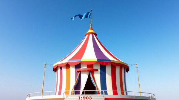 Colorful circus tent with a flag; clear sky backdrop.