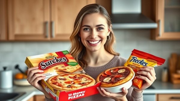 Money-saving mum with frozen pizza and snacks, promoting frugality tips.