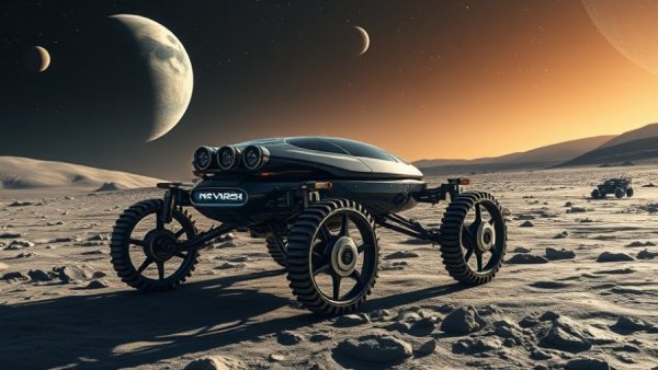 Futuristic space rover on lunar surface exploring the future of space exploration with robots.