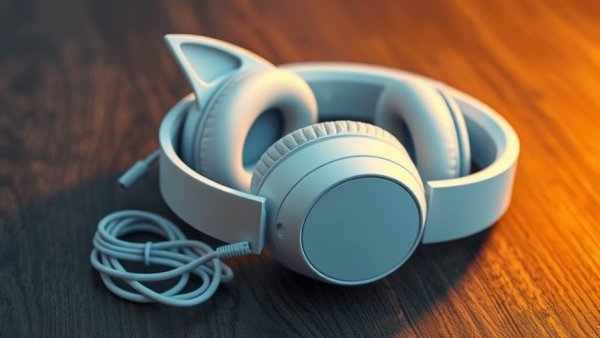 Futuristic white gaming headset with cat ears on wooden surface