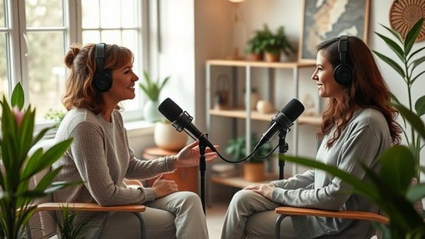 Two women discussing on a podcast set.