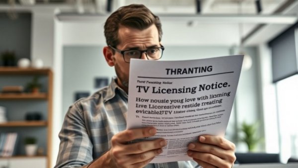 Concerned man with TV licensing threats notice, soft natural lighting.