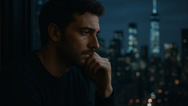 Man looking out window at cityscape, reflecting.