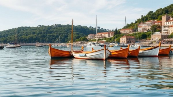 AI Hype Correction: Rowboats moored in a serene coastal harbor.