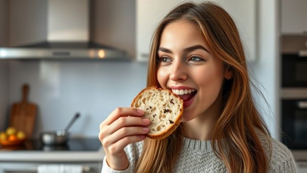 Woman tasting sourdough in the kitchen for Aldi vs Jasons sourdough comparison.