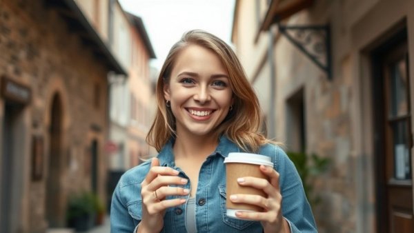 Young woman enjoying a coffee in a budget-conscious living style.