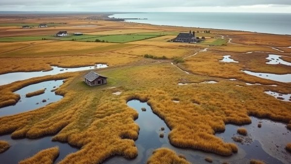 Aerial view of WWT Caerlaverock wetlands and coastline.
