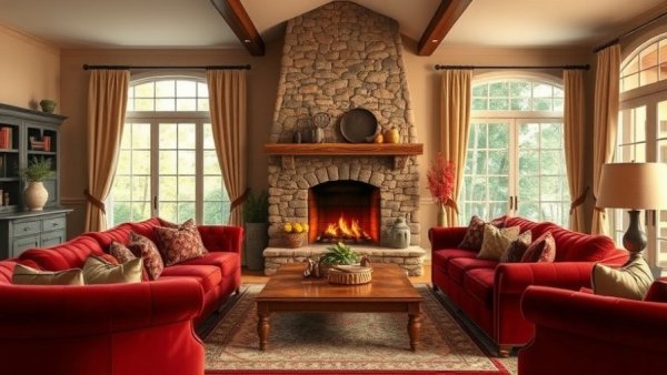 Belgian farmhouse style living room with red velvet furniture.
