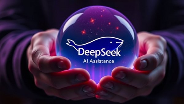 Hands holding glowing DeepSeek crystal ball for AI hype correction.