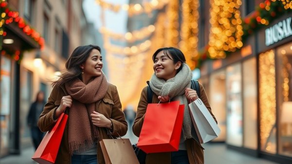 Couple shopping, festive lights in urban street, Consumer Spending Amid Economic Gloom.