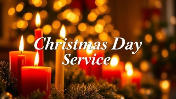 Christmas Day Service announcement beside glowing candles.