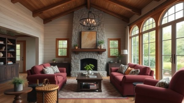 Elegant farmhouse living room with cozy design, showcasing burgundy furniture and stone fireplace.