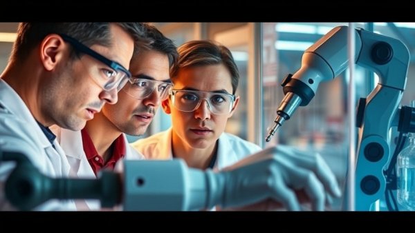 Researchers in lab coats observing AI materials discovery experiment.