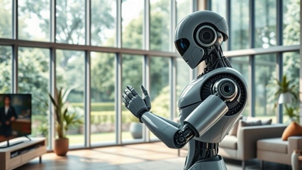 Humanoid robot in modern home assessing clothing, worst technology flops of 2025.