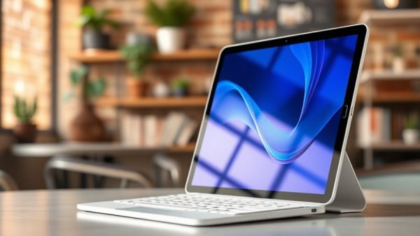 Modern iPad Air M3 with blue screen on stand in cafe - price drop