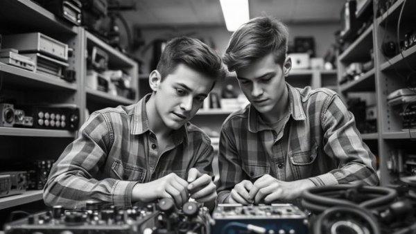 Two young men in a vintage workshop working with electronic gadgets, illustrating entrepreneurial lessons from Steve Jobs.