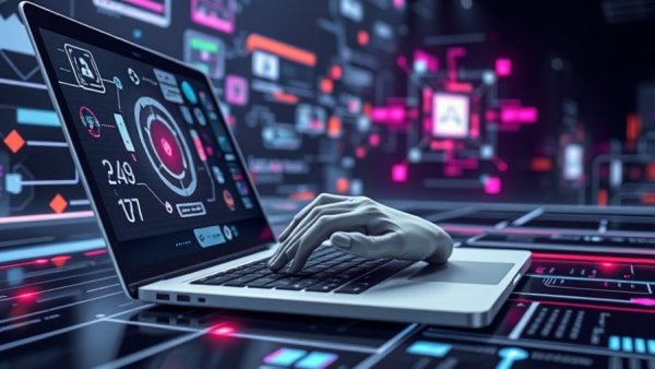 Futuristic laptop illustration with abstract technology symbols, AI productivity tools 2025.