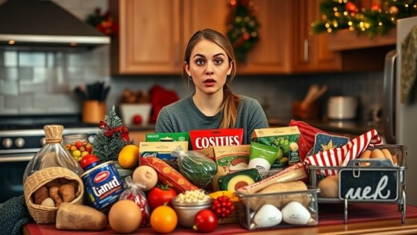 Aldi Christmas food haul displayed by surprised young woman in a kitchen.