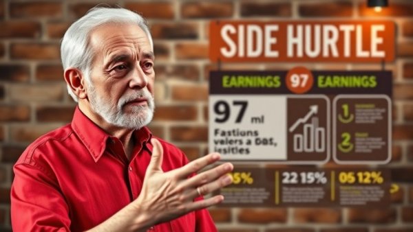 Elderly man explaining side hustles for students against a brick wall.