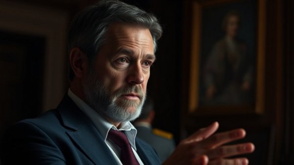 Middle-aged man discussing Britain prisons crisis in a dark room.