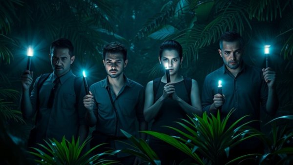 Tense group in jungle at night, Lost leaving Netflix context.