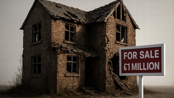 UK Housing Crisis Insights: Dilapidated house with high price sign.