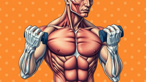 Anatomical illustration of muscular human lifting dumbbells, related to gene therapies for longevity.