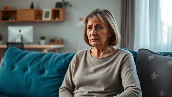 Worried middle-aged woman on teal sofa, economic abuse in joint mortgages.