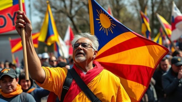 Protest against China's surveillance state in Nepal with Tibetan flags.
