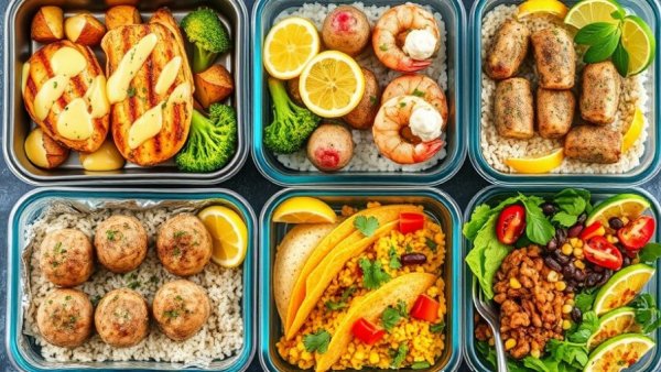 Colorful high protein meal prep ideas in glass containers.