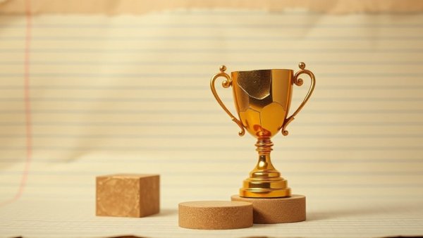 Cracked golden trophy on tilted platforms, symbolizing AI hype dangers for businesses.