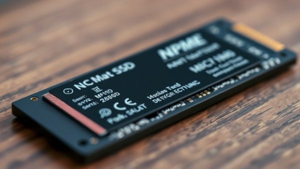 Close-up of an NVMe SSD module on a wooden background.