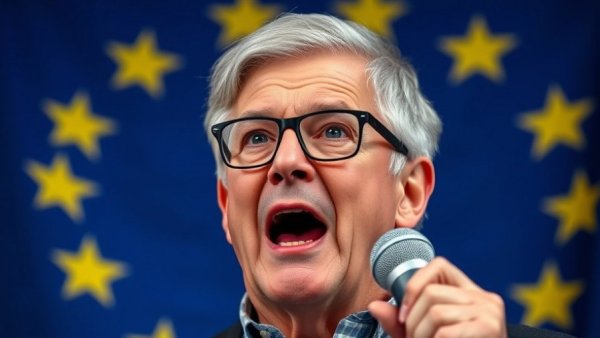 Passionate speaker under EU flag discussing US sanctions on digital content moderation experts.