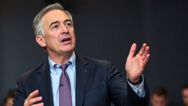 Man speaking passionately at a conference, soft lighting.