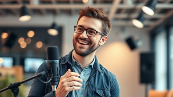 Casual man discussing multiple self employments in a modern studio.