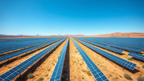 Expansive solar panel array under clear sky, related to climate news 2025.