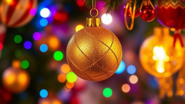Golden ornament on a Christmas tree with colorful lights.