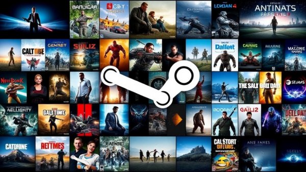 Collage of video game covers with Steam logo.