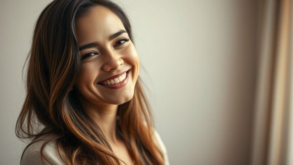 Woman sharing home lighting tips, softly lit background.