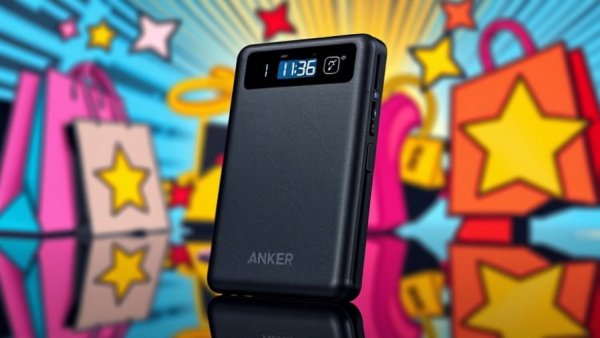 Anker laptop power bank on pop art background; eye-catching shopping imagery.