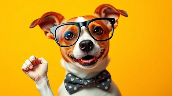 Cute dog dressed smartly with glasses and bow tie, AI terms for small businesses.