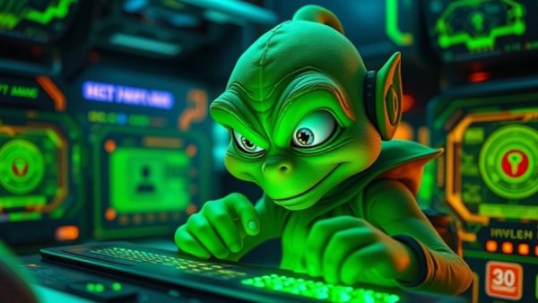 LangGrinch vulnerability exploration by green character in tech setting.