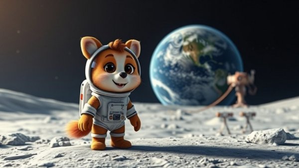 Cartoon astronaut animal on moon with Earth view, AI technology imagery.