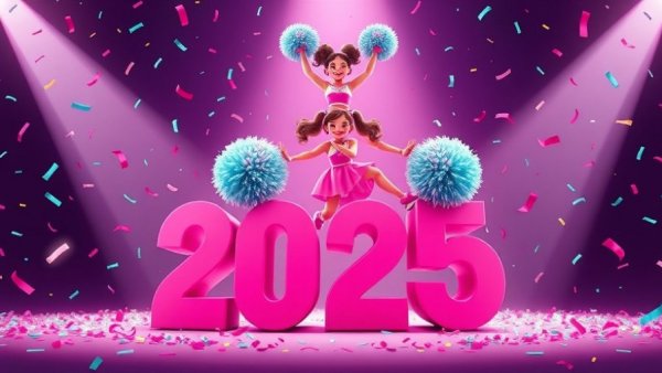 Celebratory 2025 illustration with cheerleaders and confetti.