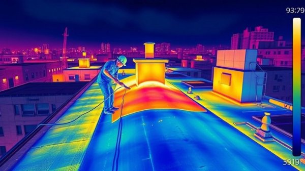 Thermal image showing cooling effects of paints and coatings on a rooftop.