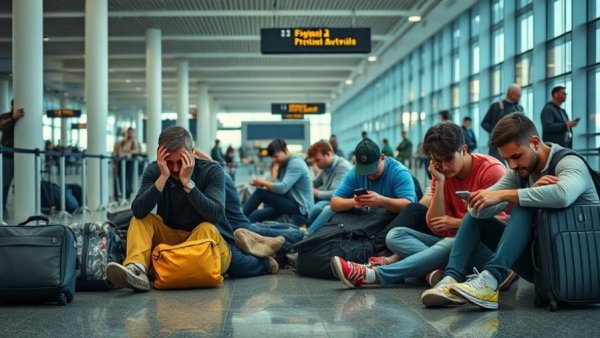 Travelers sitting on airport floor during winter storm flight cancellations.