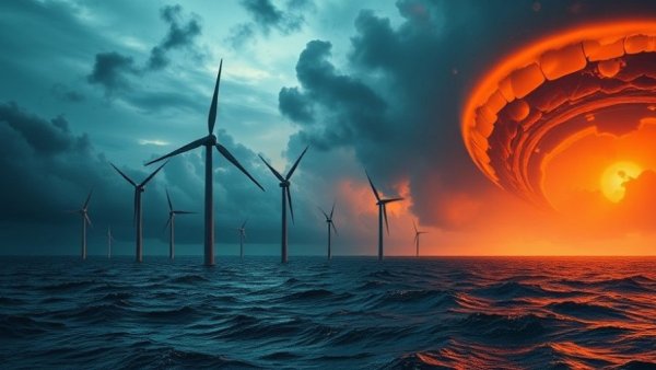 Wind turbines in surreal orange and black storm scene, Trump Offshore Wind Project Lawsuit context.