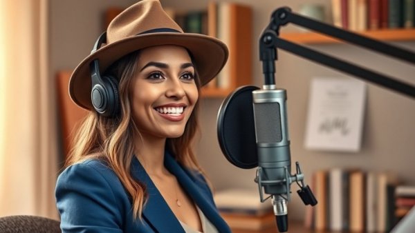 Woman podcast host discussing property viewing questions, cozy indoor setting.