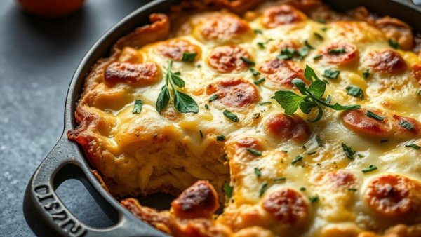 Healthy winter casserole in cast-iron skillet topped with cheese and herbs.