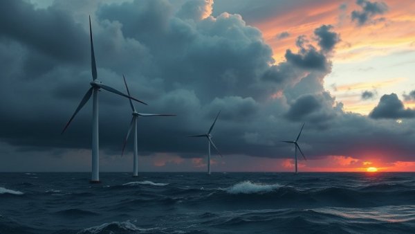 Surreal offshore wind turbines under dramatic sky, illustrating Dominion Energy lawsuit offshore wind projects.